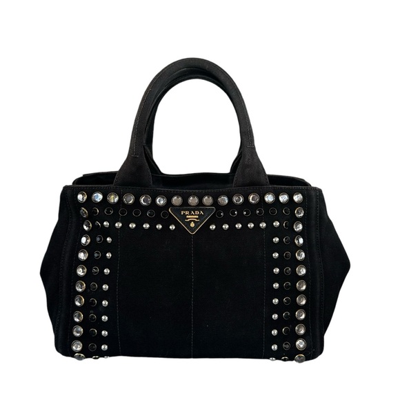 Authentic PRADA Triple Studded Black Denim Canapa Mini Tote Bag - Picture 5 of 14